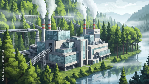 A modern industrial complex nestled amidst a lush green forest, with smoke billowing from its chimneys.