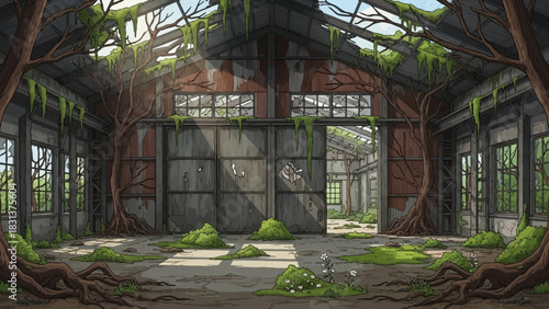 An abandoned industrial building, overgrown with vegetation, showcasing nature's reclamation of a forgotten space.