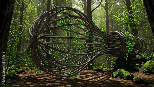 An artistic sculpture of intertwined metal wires, overgrown with greenery, set in a lush forest.