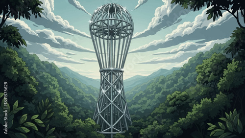 A tall, intricate, metallic structure rises above a lush, green forest, with a cloudy sky.