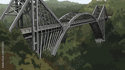 A digitally rendered steel arch bridge spanning a deep, tree-filled ravine in a lush forest landscape.