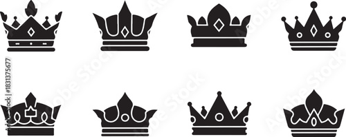 Assorted Crown Designs in Black and White Silhouette