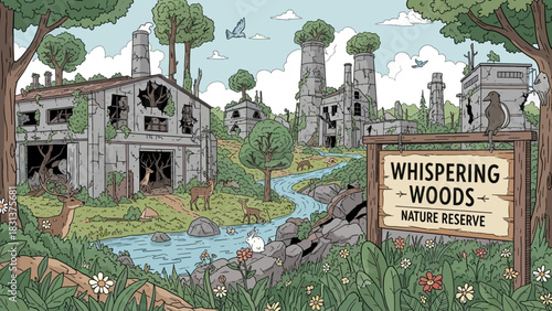 Nature reclaiming abandoned industrial buildings in Whispering Woods Nature Reserve with deer and a flowing river.