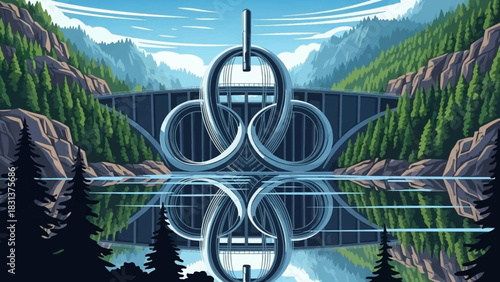Stylized dam with intricate knot design reflected in calm water amidst lush green mountains and forests.