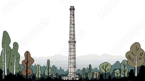 A tall industrial smokestack stands prominently in the middle of a stylized forest illustration.