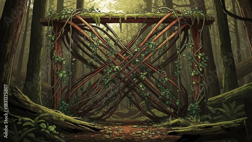 A detailed illustration of a wooden archway constructed from intertwined branches and vines, set in a forest.