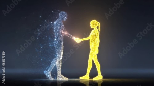 Two abstract figures, one blue, one yellow, shake hands against a dark background