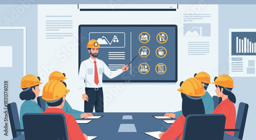 Construction Safety Meeting: Instructor leads safety seminar for construction workers