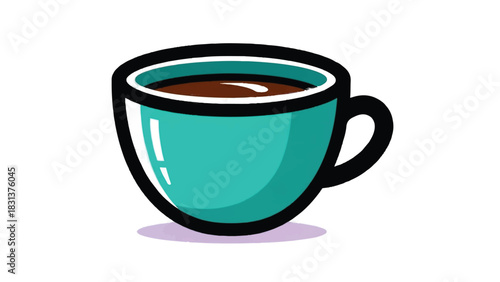 A simple illustration of a turquoise coffee cup filled with dark liquid.