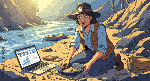 Cartoon woman prospector by river reviewing mining yield data on laptop