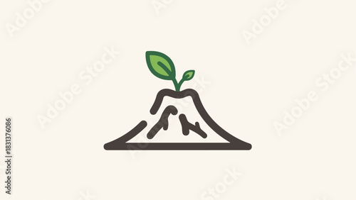 A stylized illustration of a volcano erupting with a small green sprout growing from its peak.