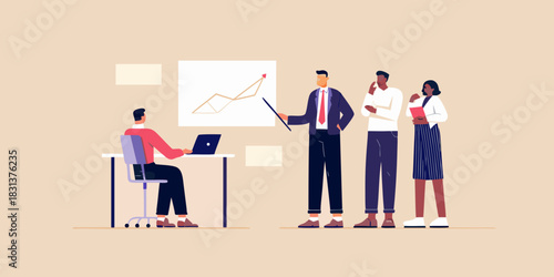 Business presentation with chart and diverse team in meeting room