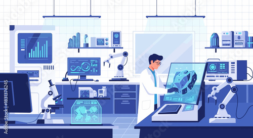 Scientist in a futuristic laboratory, working on advanced technology design