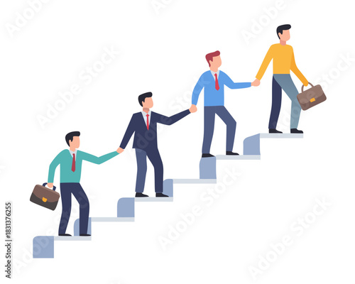 Search:
Business concept. Employees giving hands and helping colleagues to walk upstairs. Team metaphor. Vector illustration flat design style. Symbol of teamwork, cooperation, partnership. See Less
