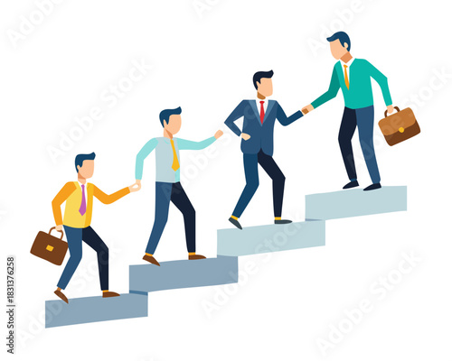 Search:
Business concept. Employees giving hands and helping colleagues to walk upstairs. Team metaphor. Vector illustration flat design style. Symbol of teamwork, cooperation, partnership. See Less
