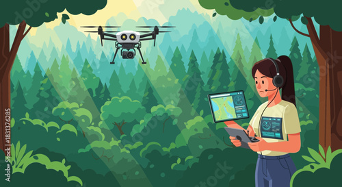 Drone operator navigating in lush woodland environment with aerial mapping