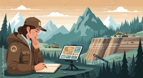 Geo-Engineer assessing landscape with tablet for resource management planning