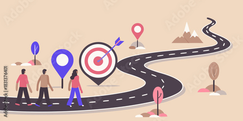 Team following a roadmap to achieve goals and business success