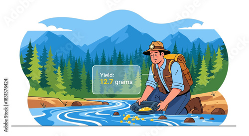 Illustrated gold prospector in a scenic mountain river with gold yield display