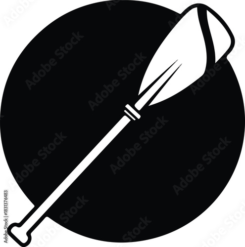 A black and white illustration of a single canoe paddle against a dark circular background.