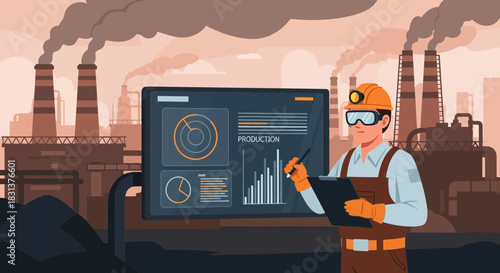 Industrial sector analytics platform with engineer examining factory output data