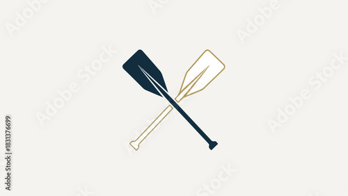 Two crossed oars, one dark blue and one light tan, on a light background.