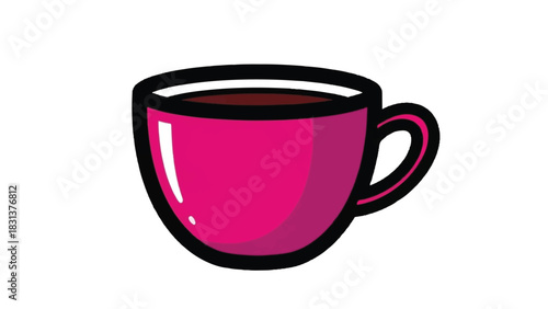 Pink coffee cup with a black outline and a dark liquid inside.