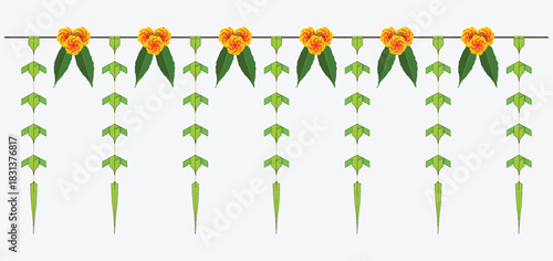 Indian Traditional palm and mango Leaves toran. Decoration for Indian Hindu Auspicious Occasion, editable design.