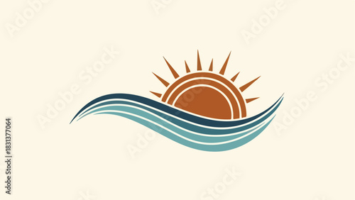 Stylized illustration of a sun rising over wavy blue ocean water.