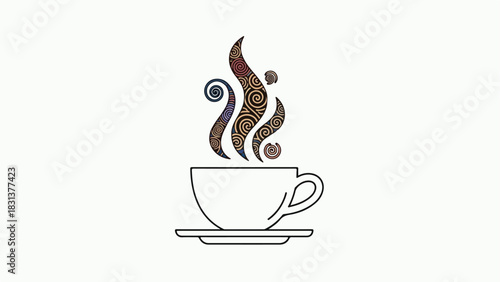 A minimalist illustration of a white teacup and saucer with stylized, colorful steam rising from it.