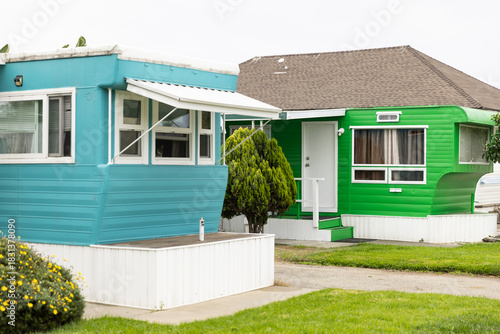 Colorful vintage  mobile home exterior with nobody 