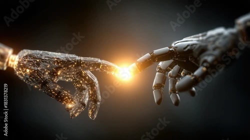 Two robotic hands almost touch, creating a spark; dark backdrop