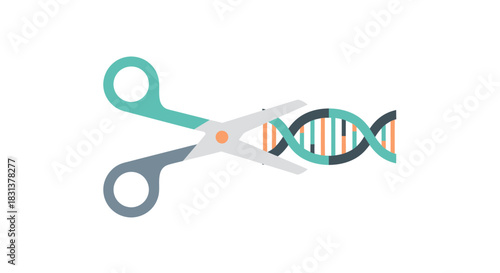 DNA being cut by scissors illustrates genetic engineering, gene editing, biotechnology research and CRISPR technology for healthcare innovation