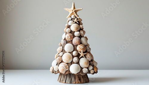 Christmas tree made of seashells. Sea decoration with starfish on top. Holiday season alternative decor for tropical and coastal themes.