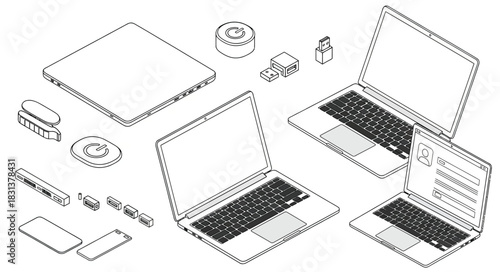 Isometric illustration of laptops phones and accessories in a line art style on a white background