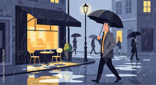 City dwellers navigate a gentle downpour, seeking refuge under umbrellas