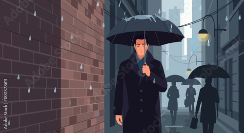 City rain scene: A businessman's solitary walk under an umbrella
