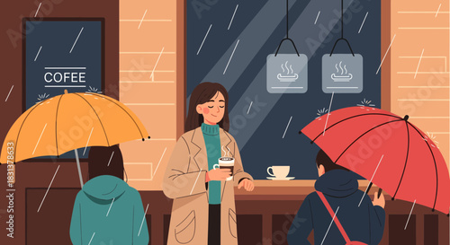 Cozy rainy day at a coffee shop, sipping hot beverages and staying dry indoors