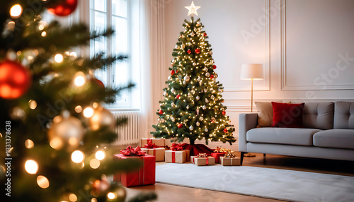 Decorated Christmas tree with glowing lights and various presents underneath. Festive holiday scene for Winter season celebration.