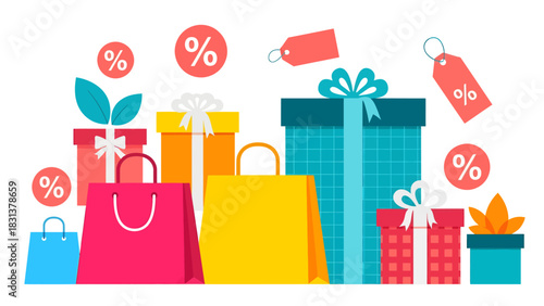 A pile of colorful gift boxes and shopping bags sits beneath floating red percentage bubbles and price tags, perfectly illustrating the festive excitement of a massive holiday discount shopping spree