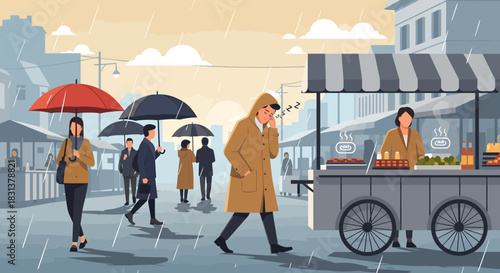 A drizzly city street scene with people holding umbrellas and a food cart