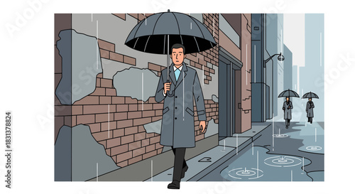 Illustrated depiction of a rainy day in the city with people walking