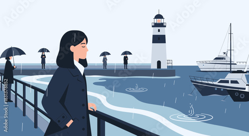 Rainy reflections: A woman gazes at a maritime scene from a pier in melancholy