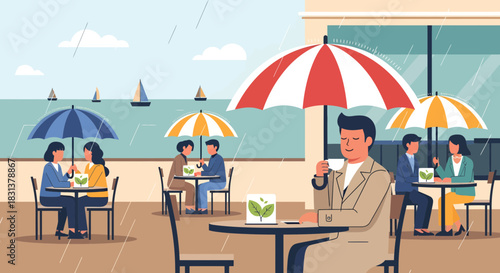 Rainy day relaxation: Patrons enjoying outdoor cafe ambiance with sea views