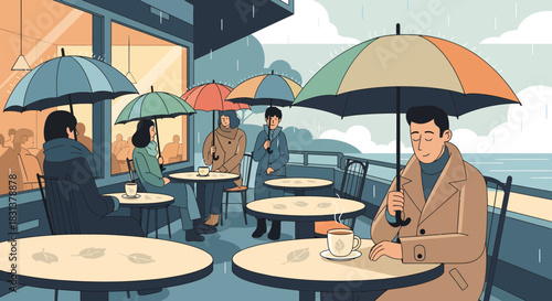 Rainy afternoon at the terrace cafe with people enjoying a cup of tea