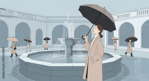 Rainy day at the courtyard with fountain, an illustration of people under umbrellas