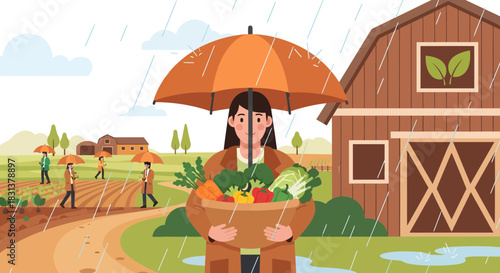 Harvest season in the countryside: Woman with fresh produce during the rain