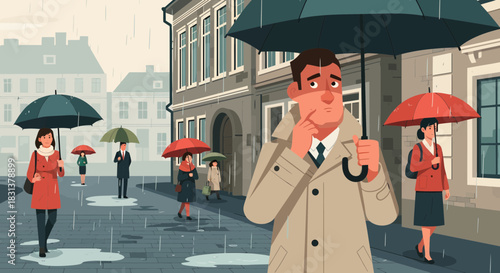 Cartoon Illustration of People Walking Under Umbrellas in Rainy City Street