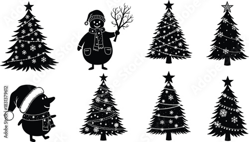 Christmas tree silhouettes, festive character icons, snowman and Santa hat figures, holiday vector design, winter celebration symbols, black graphic elements
