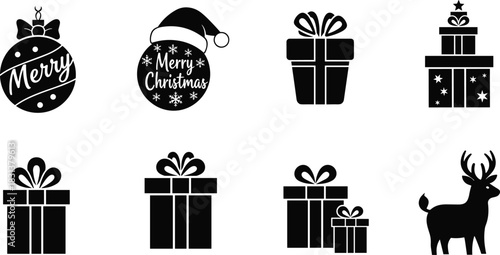 Christmas silhouette icons, gift boxes, festive ornaments, Santa hat decorations, reindeer symbol, black holiday design, minimal vector pack